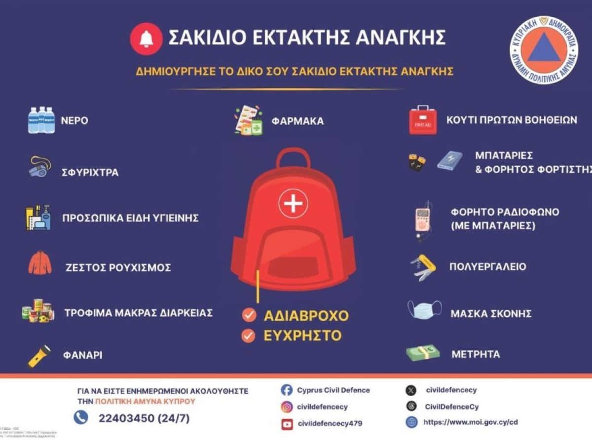 Κύπρος: Το σακίδιο έκτακτης ανάγκης που προτείνει το υπουργείο εσωτερικών